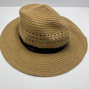 Eddie Bauer‎ Straw Fedora Hat Wide Brim Sun Protection Black Band S/M